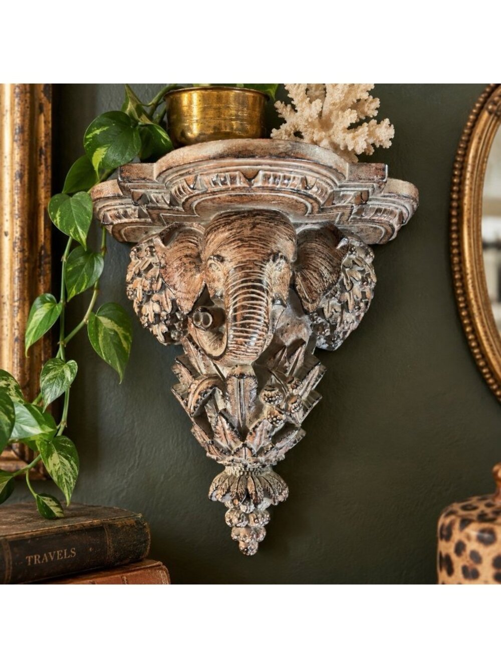 Vintage Elephant Wall Shelf Corbel Resin Hollywood Regency Palm Decor